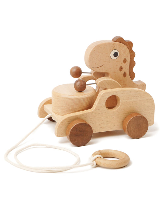 Wooden dinosaur pull toy with a drum, wooden wheels, pull cord and ring handle