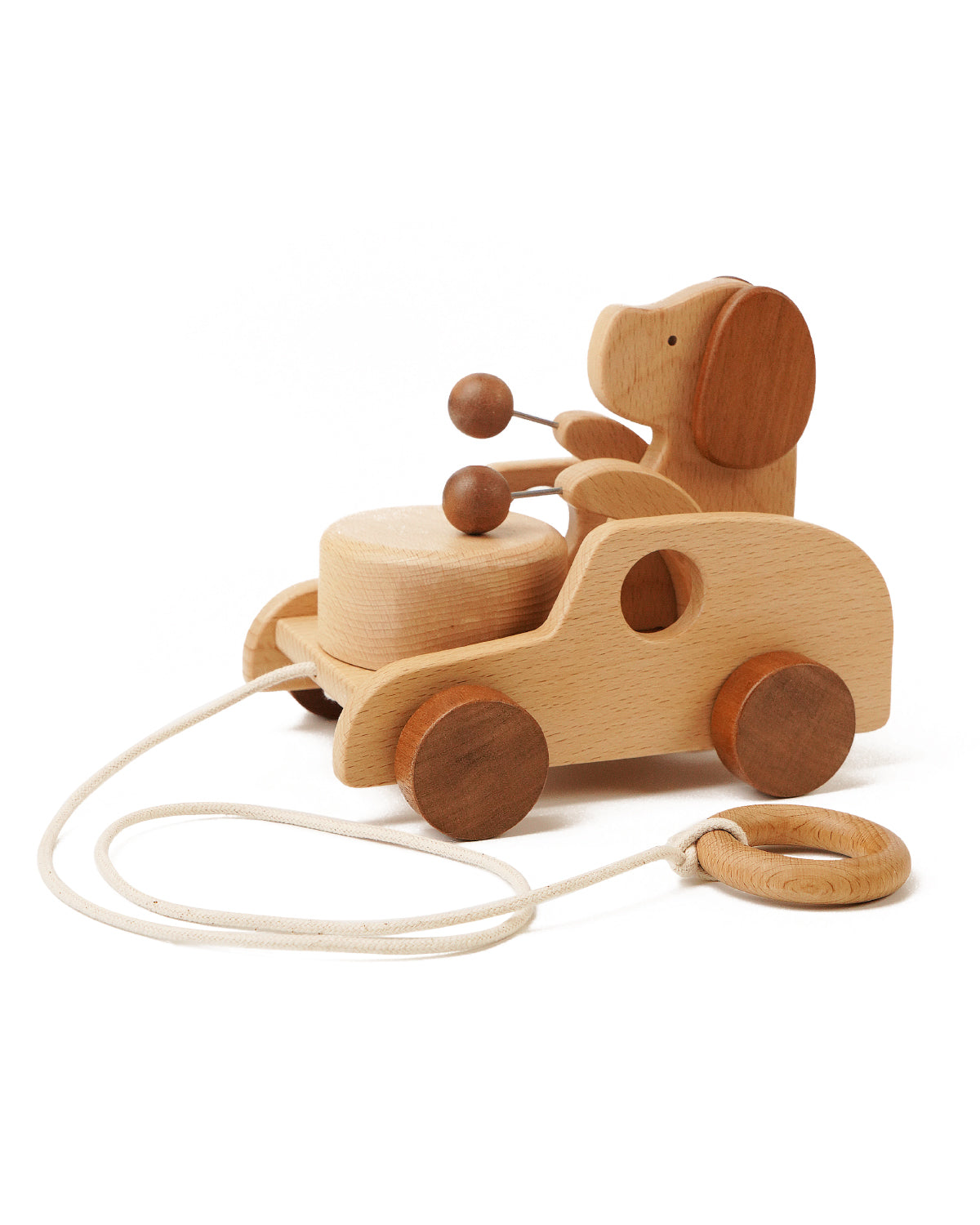 Wooden dog pull toy with a drum, sapele wheels, pull cord and wooden ring handle